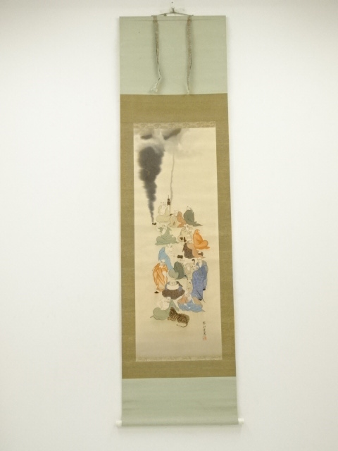 JAPANESE WALL HANGING SCROLL / HAND PAINTED / MONKS 